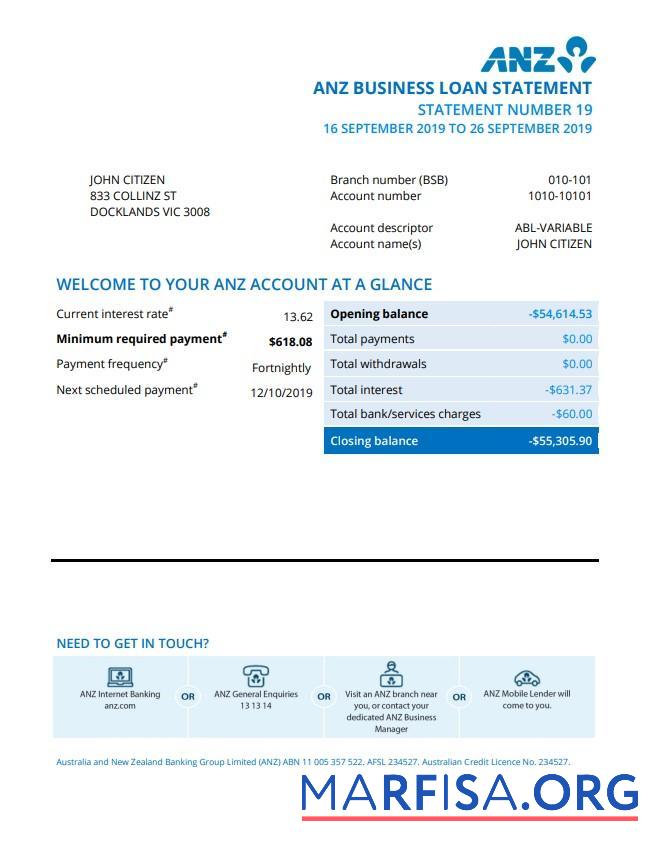 Downloadable Australia ANZ bank statement template